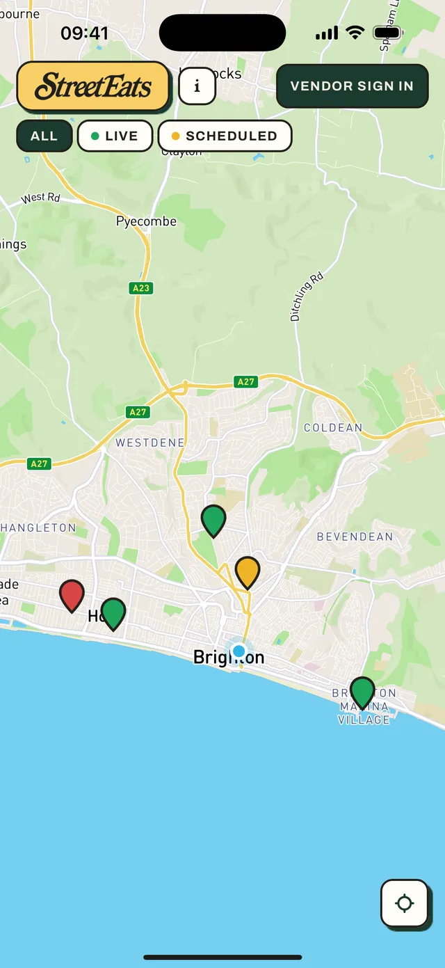 The StreetEats live map showing green, amber and red vendor pins around Brighton